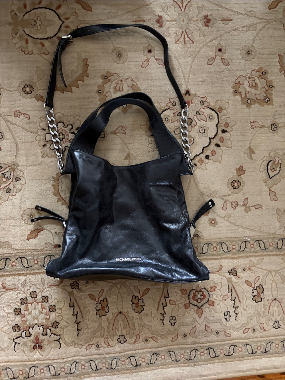 Michael Kors Black Leather Shoulder Tote with Silver Chain Straps